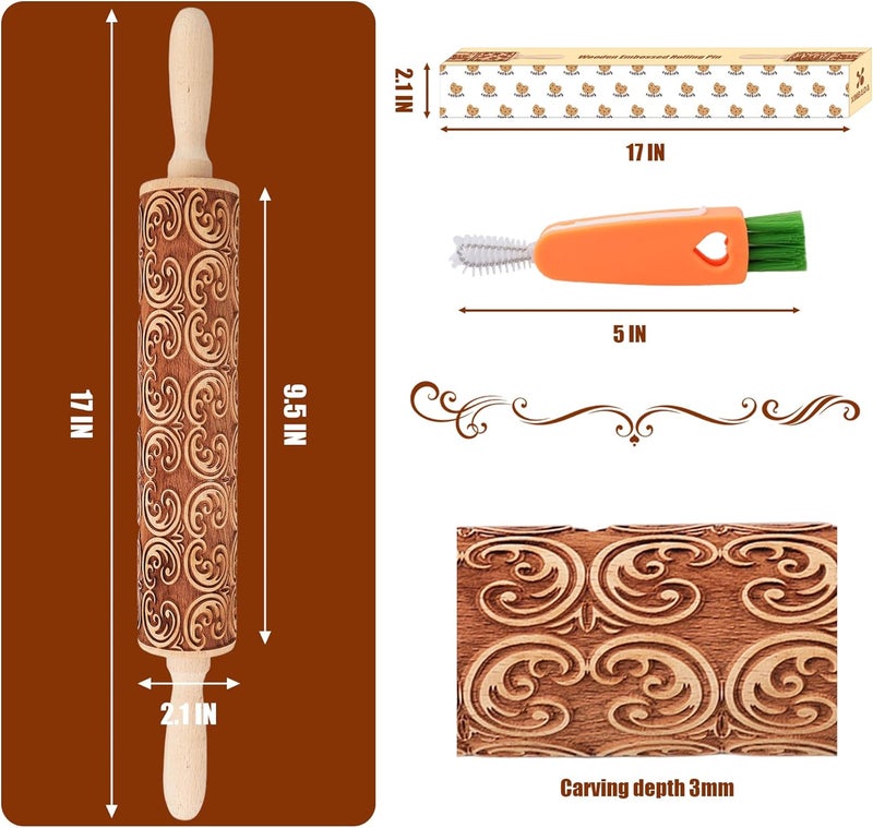 XINBADA 17" Premium Wooden Rolling Pins for Baking with European Embossed Designs | 3mm Deep Springerle Cookie Molds | Christmas Rolling Pin & Baking Gifts for Women | Includes 3-in-1 Cleaning Brush - Image 2